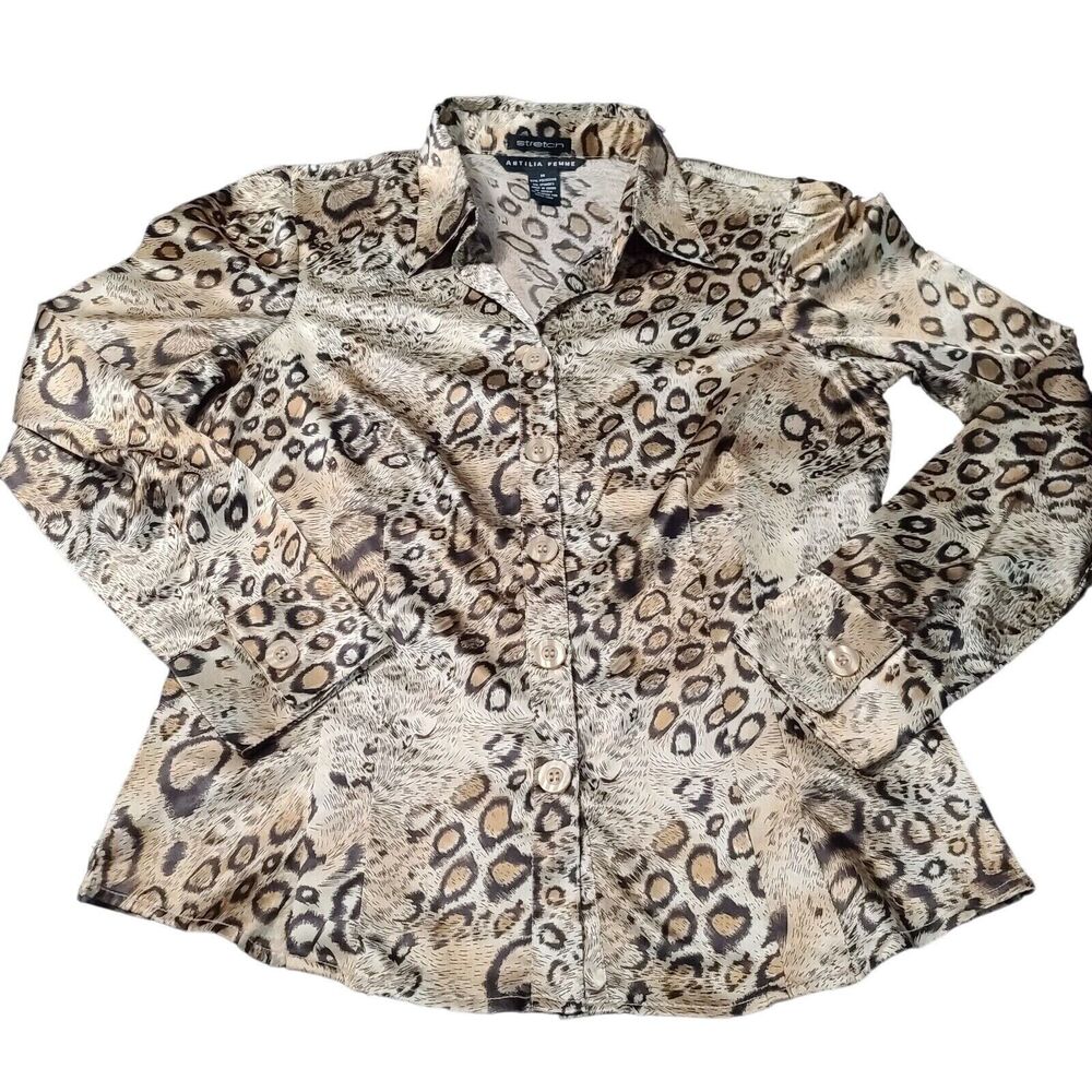 Antilia Femme Womens Button Up Blouse Multicolor Size Medium Polyester Blend